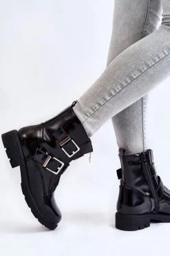 Damskie Ocieplane Botki Na Płaskim Obcasie Z Suwakiem Czarne Joshie