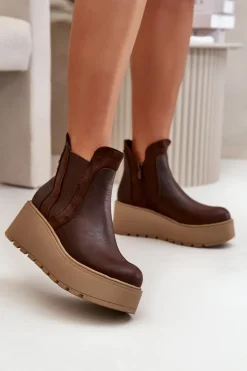 Damskie Ocieplane Botki Na Platformie I Koturnie Brązowe Mivanira