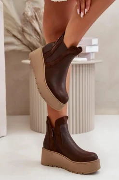 Damskie Ocieplane Botki Na Platformie I Koturnie Brązowe Mivanira