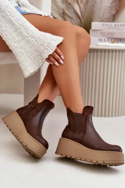 Damskie Ocieplane Botki Na Platformie I Koturnie Brązowe Mivanira