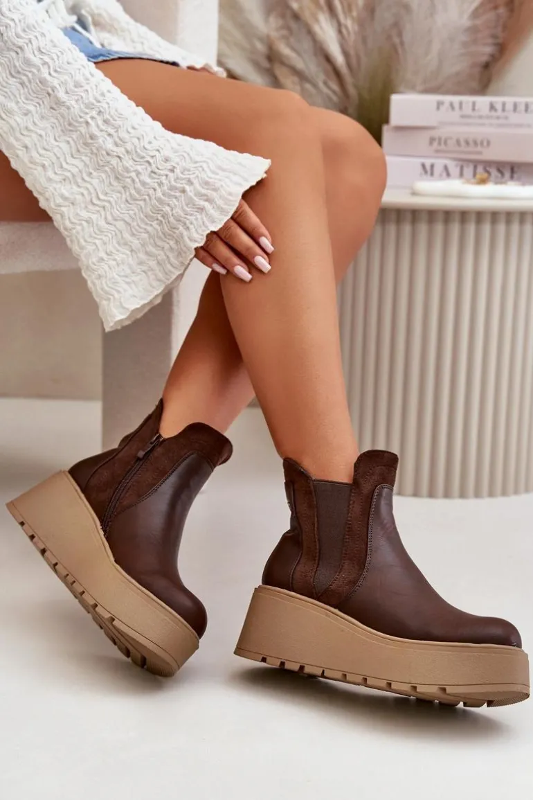Damskie Ocieplane Botki Na Platformie I Koturnie Brązowe Mivanira