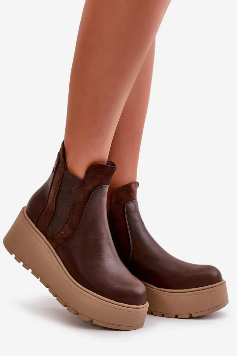Damskie Ocieplane Botki Na Platformie I Koturnie Brązowe Mivanira