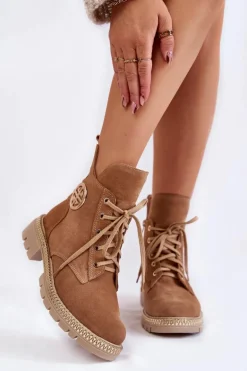 Damskie Ocieplane Botki Na Suwak Camel Sinem