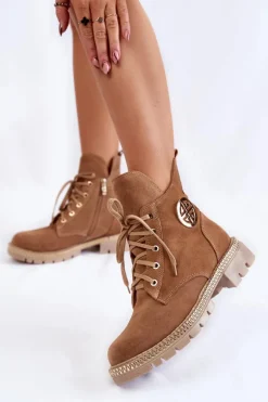 Damskie Ocieplane Botki Na Suwak Camel Sinem