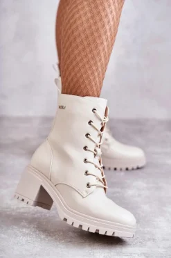 Damskie Ocieplane Botki Na Obcasie Jasny Beż Grethe