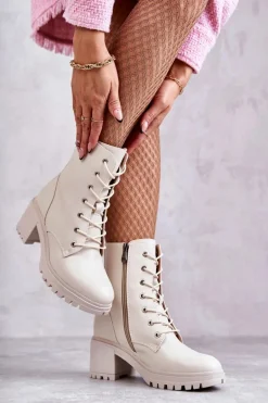 Damskie Ocieplane Botki Na Obcasie Jasny Beż Grethe