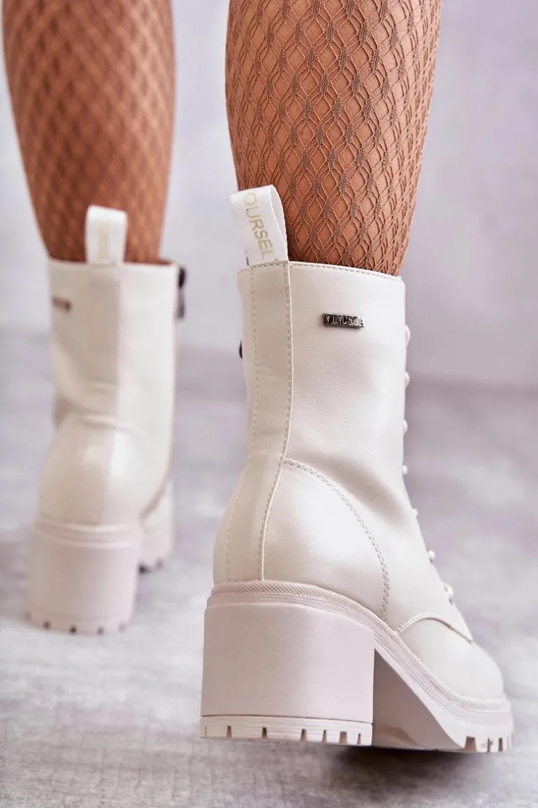 Damskie Ocieplane Botki Na Obcasie Jasny Beż Grethe