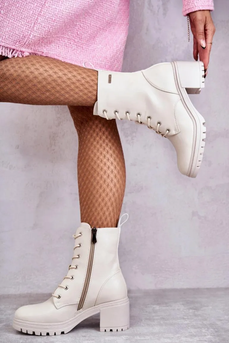 Damskie Ocieplane Botki Na Obcasie Jasny Beż Grethe