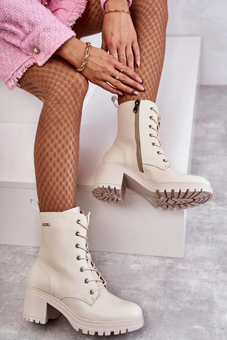 Damskie Ocieplane Botki Na Obcasie Jasny Beż Grethe