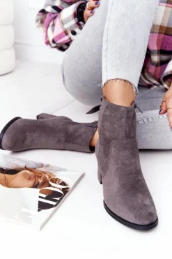 Damskie Ocieplane Botki Na Słupku Szare Kayla
