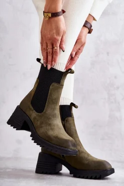 Damskie Ocieplane Botki Na Obcasie Zielone Abella