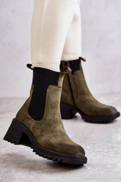 Damskie Ocieplane Botki Na Obcasie Zielone Abella