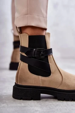 Damskie Ocieplane Botki Sztyblety Z Paskiem Beżowe Jose
