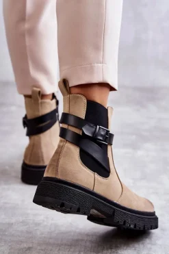 Damskie Ocieplane Botki Sztyblety Z Paskiem Beżowe Jose