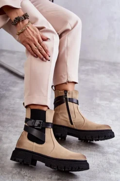 Damskie Ocieplane Botki Sztyblety Z Paskiem Beżowe Jose