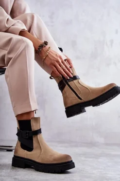 Damskie Ocieplane Botki Sztyblety Z Paskiem Beżowe Jose