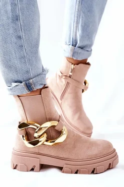 Damskie Ocieplane Botki Sztyblety Beżowe Visione