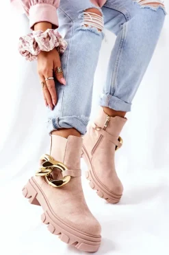 Damskie Ocieplane Botki Sztyblety Beżowe Visione