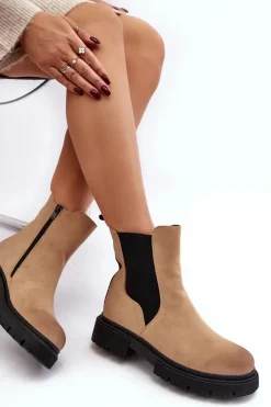 Damskie Ocieplane Botki Sztyblety Na Suwak Beżowe Vesta