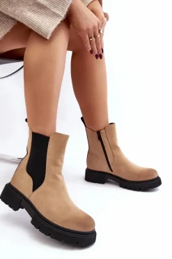 Damskie Ocieplane Botki Sztyblety Na Suwak Beżowe Vesta