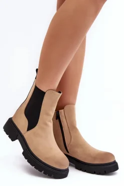 Damskie Ocieplane Botki Sztyblety Na Suwak Beżowe Vesta