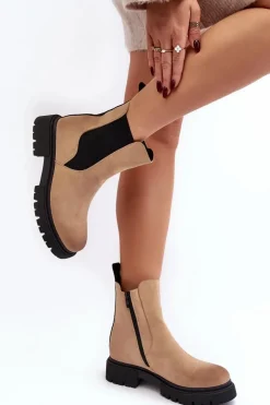 Damskie Ocieplane Botki Sztyblety Na Suwak Beżowe Vesta