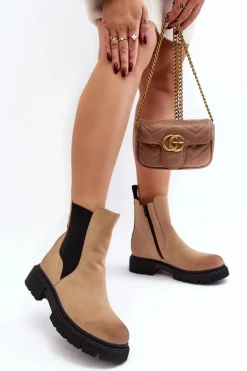 Damskie Ocieplane Botki Sztyblety Na Suwak Beżowe Vesta