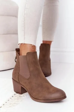 Damskie Ocieplane Botki Sztyblety Na Obcasie Khaki Trinity