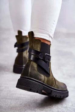 Damskie Ocieplane Botki Sztyblety Z Paskiem Zielone Jose