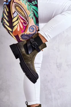 Damskie Ocieplane Botki Sztyblety Z Paskiem Zielone Jose