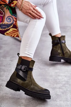 Damskie Ocieplane Botki Sztyblety Z Paskiem Zielone Jose