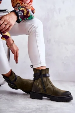 Damskie Ocieplane Botki Sztyblety Z Paskiem Zielone Jose