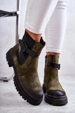 Damskie Ocieplane Botki Sztyblety Z Paskiem Zielone Jose
