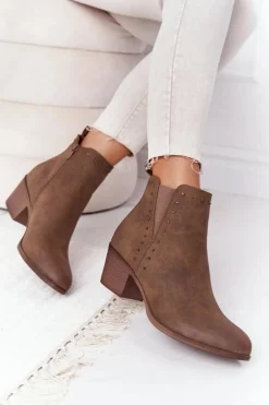 Damskie Ocieplane Botki Sztyblety Na Słupku Khaki Morgan