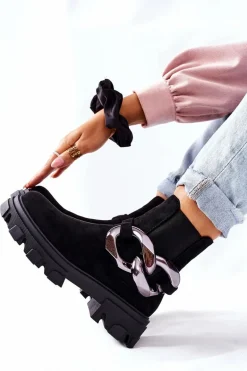 Damskie Ocieplane Botki Sztyblety Czarne Visione