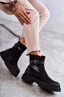 Damskie Ocieplane Botki Sztyblety Z Paskiem Czarne Jose