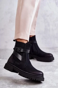 Damskie Ocieplane Botki Sztyblety Z Paskiem Czarne Jose