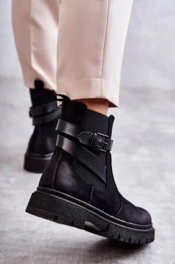 Damskie Ocieplane Botki Sztyblety Z Paskiem Czarne Jose