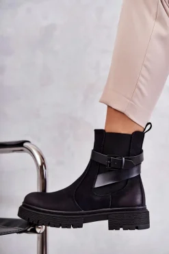 Damskie Ocieplane Botki Sztyblety Z Paskiem Czarne Jose
