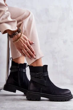 Damskie Ocieplane Botki Sztyblety Z Paskiem Czarne Jose