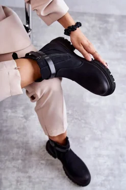 Damskie Ocieplane Botki Sztyblety Z Paskiem Czarne Jose