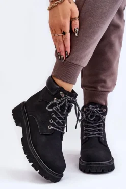 Damskie Ocieplane Botki Trapery Sznurowane Czarne Halfway