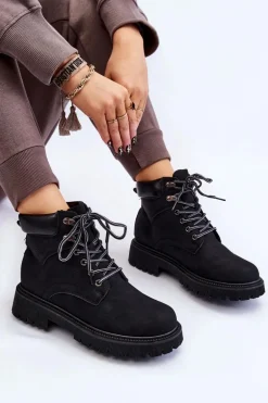 Damskie Ocieplane Botki Trapery Sznurowane Czarne Halfway