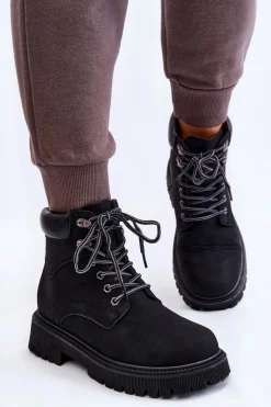 Damskie Ocieplane Botki Trapery Sznurowane Czarne Halfway