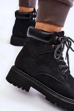 Damskie Ocieplane Botki Trapery Sznurowane Czarne Halfway