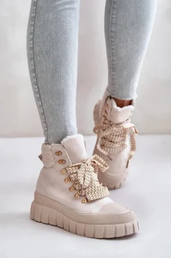 Damskie Ocieplane Botki Trapery Na Platformie Beżowe Alcyhen