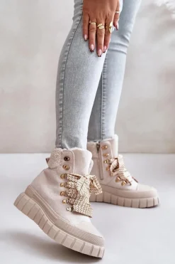 Damskie Ocieplane Botki Trapery Na Platformie Beżowe Alcyhen