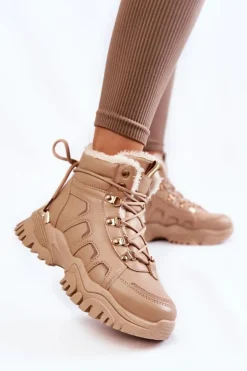 Damskie Ocieplane Botki Trapery Na Platformie Beżowe Ofelia