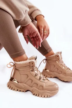 Damskie Ocieplane Botki Trapery Na Platformie Beżowe Ofelia
