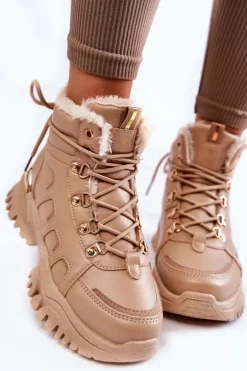 Damskie Ocieplane Botki Trapery Na Platformie Beżowe Ofelia